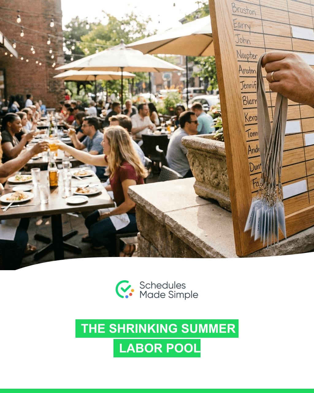 A summer restaurant patio at full capacity with a thinner stack of staff name tags, branded with the Schedules Made Simple logo and title