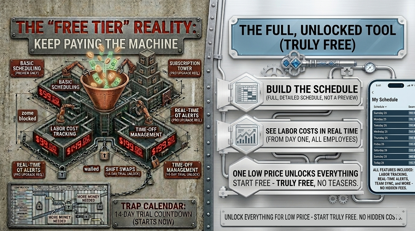 Comparison graphic contrasting a "free tier" restaurant scheduling plan — with labor cost tracking, real-time alerts, shift swaps, and time-off management locked behind a 14-day trial — against one low price that unlocks the full schedule, real-time labor costs, and team sync from day one