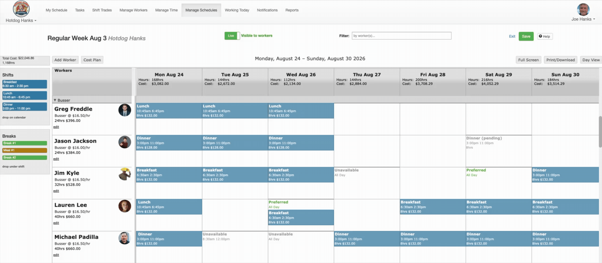 Quickly edit all the days in a workers schedule