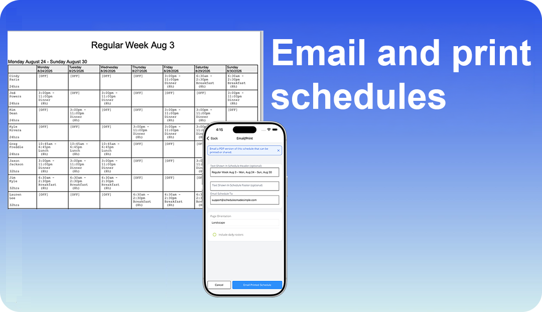 Email and print schedules to share or post