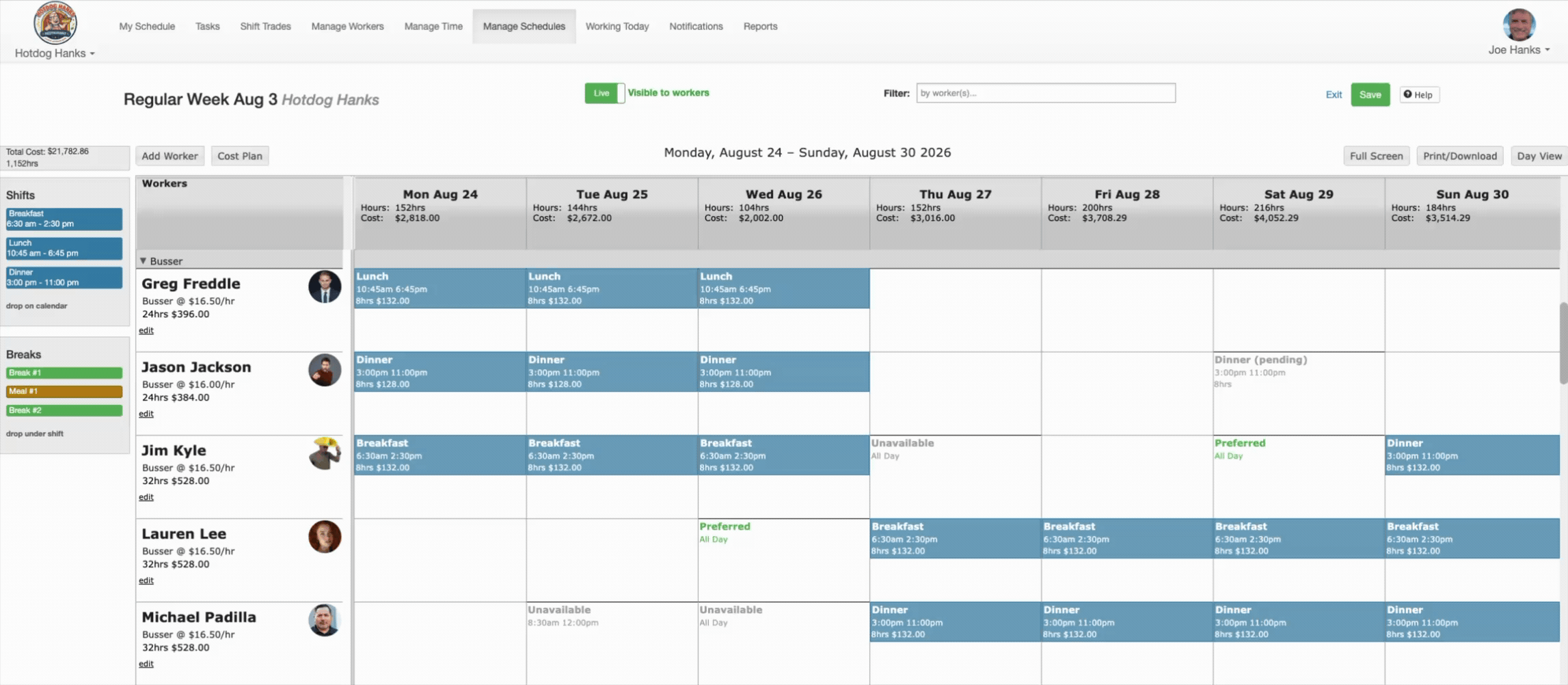 Efficiently assign shifts and track total hours with drag and drop capability using schedules made simple