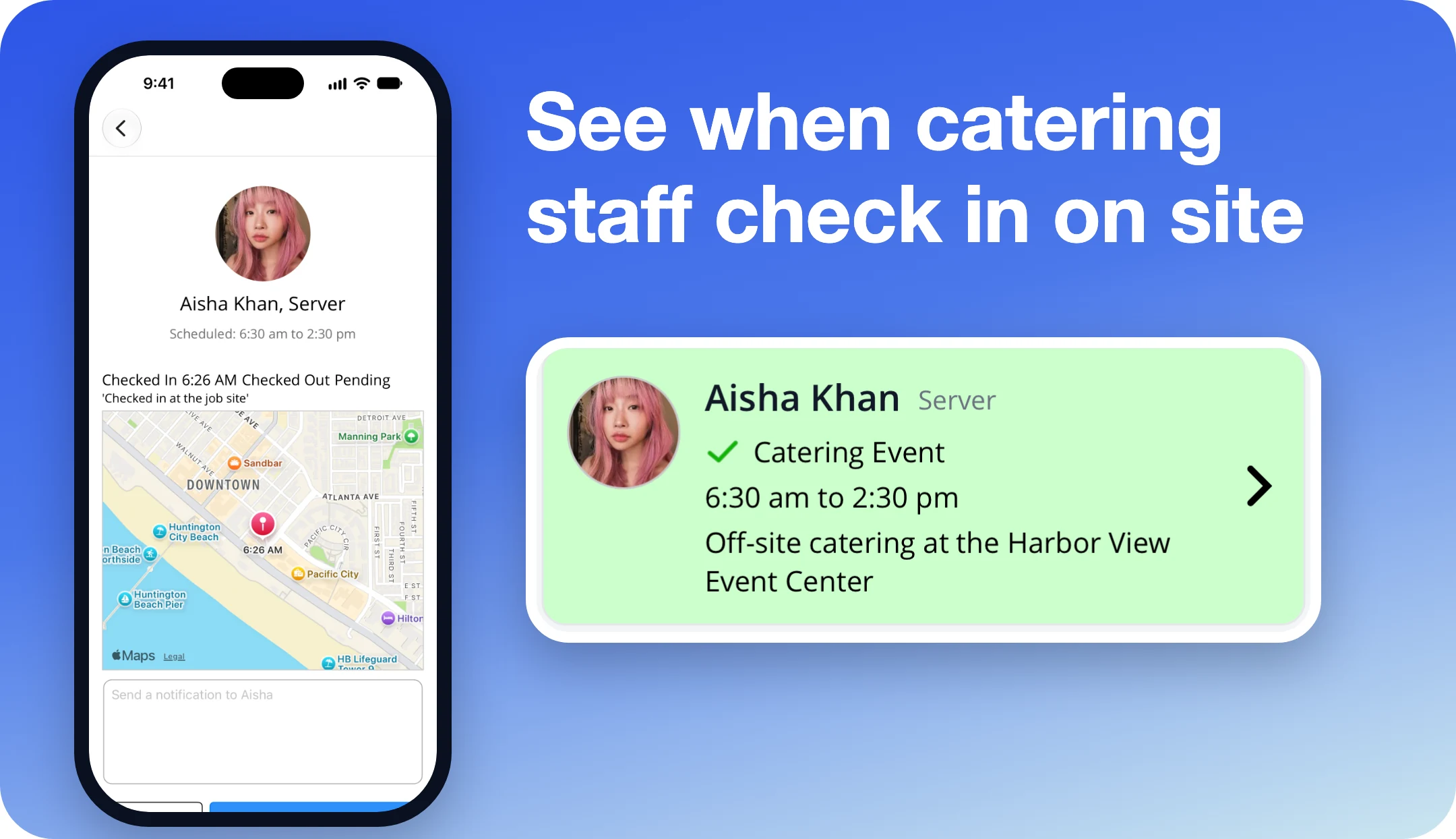 A catering worker checked in at an off-site job
