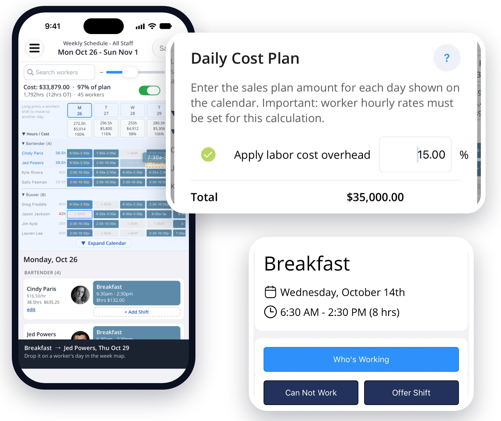 iPhone schedule editor with the daily cost plan and a shift card