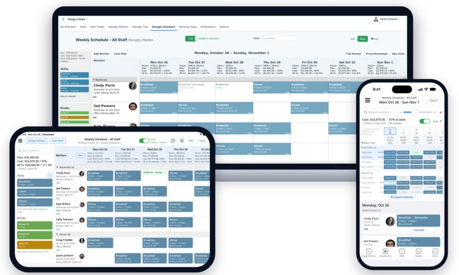 Restaurant schedule in Schedules Made Simple on a laptop, tablet and iPhone
