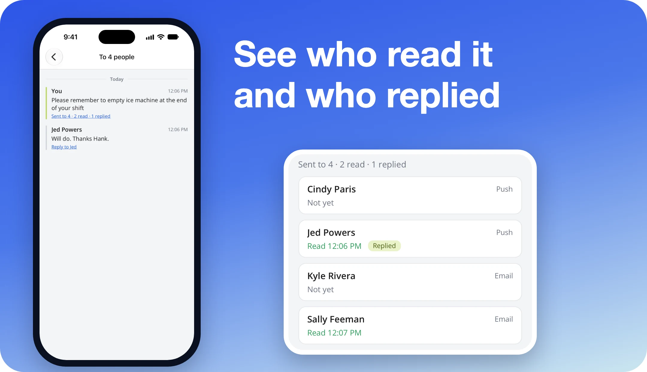 Message recipient status showing who read it and who replied