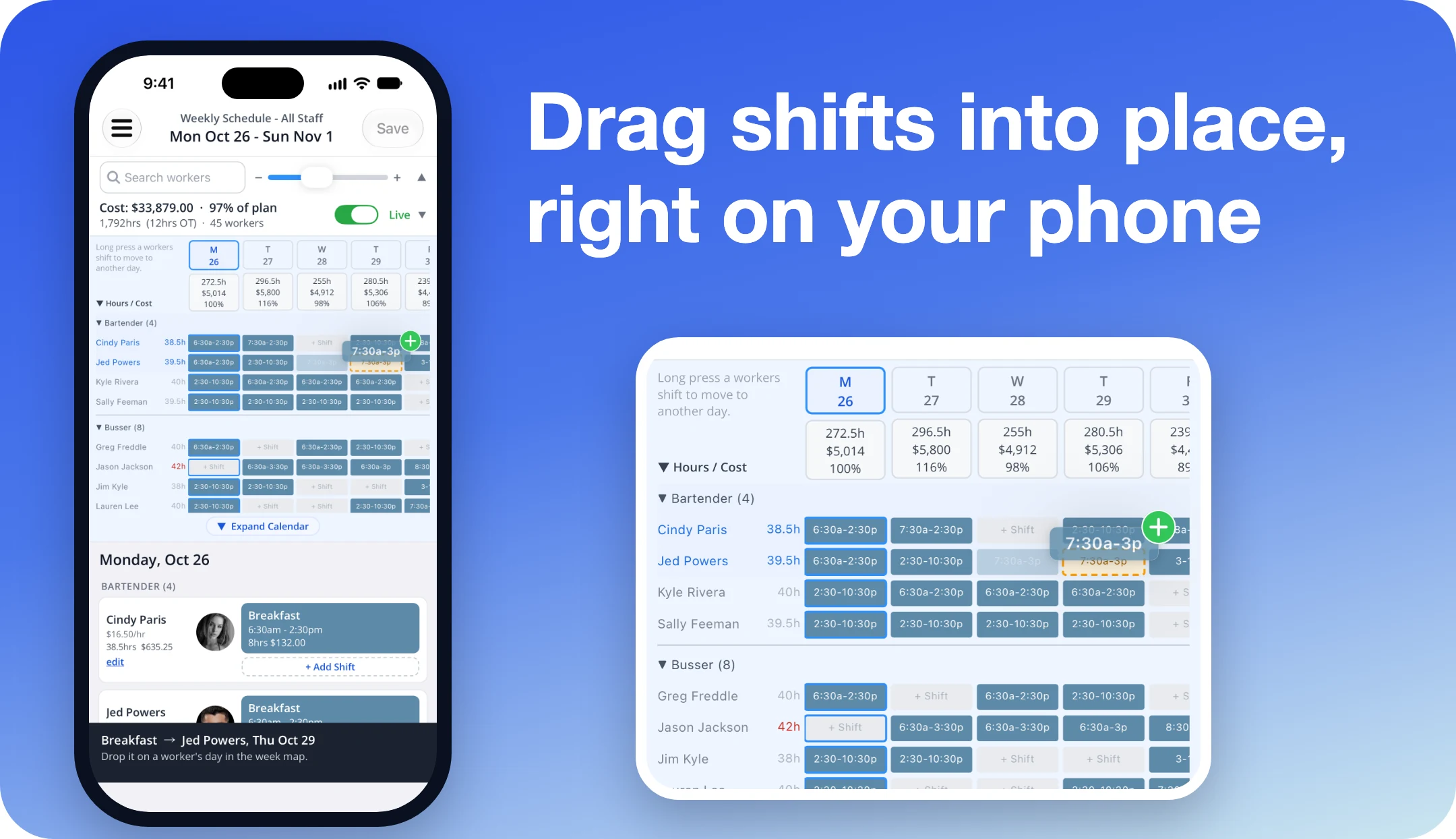 Dragging a shift to a new day in the iPhone schedule editor