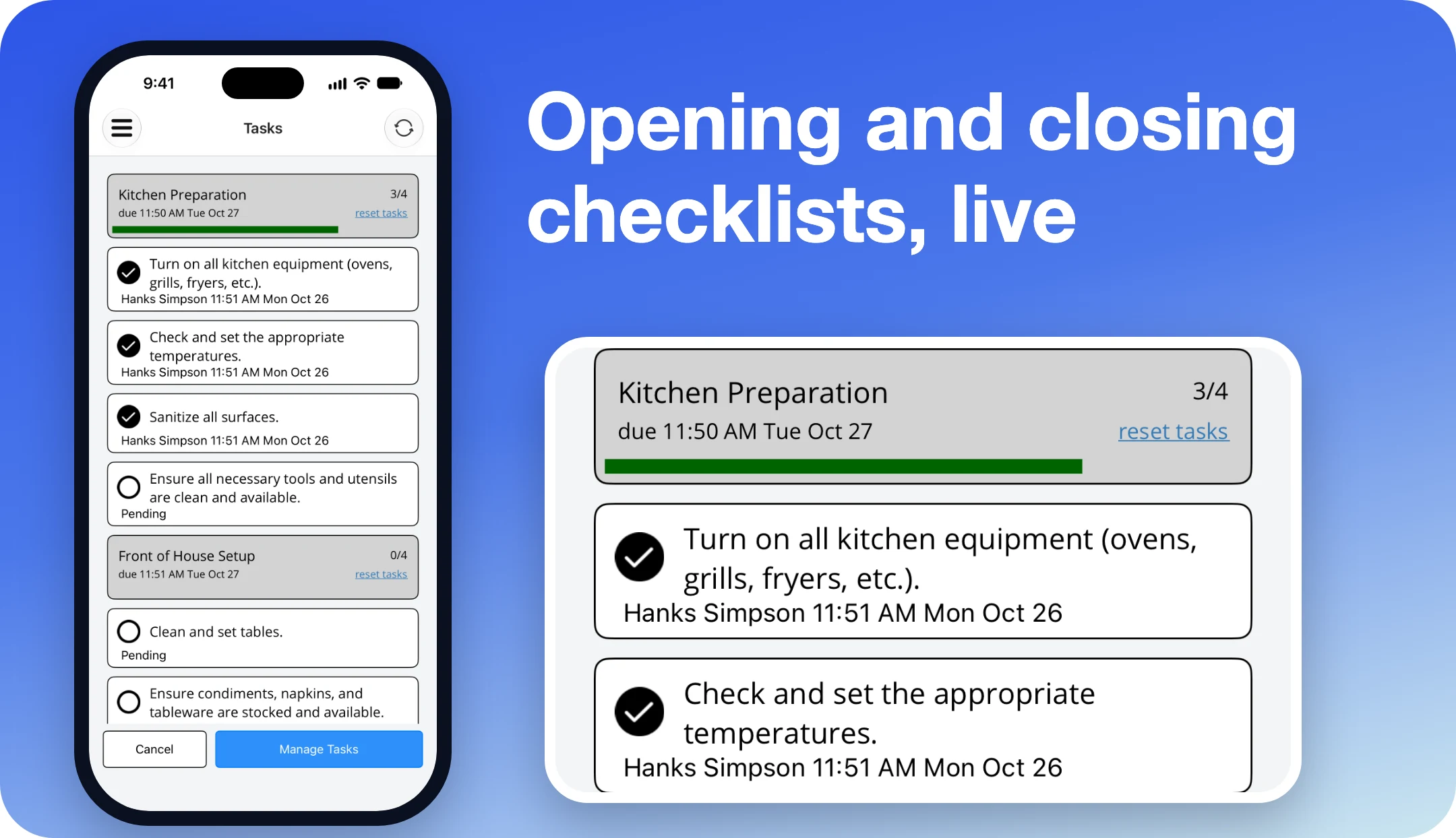 Opening and closing task checklists with progress