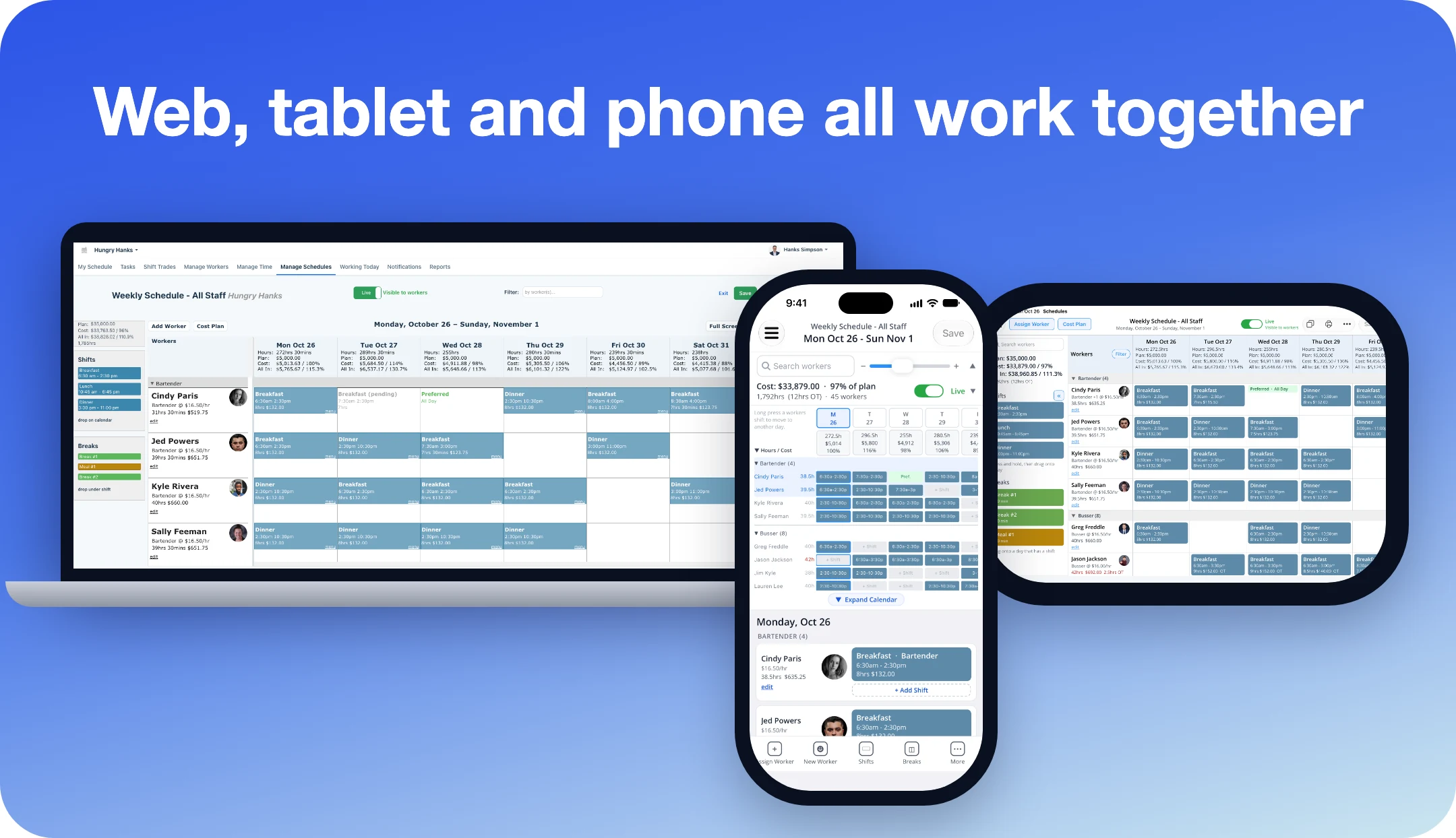 The same restaurant schedule on the web, a tablet and an iPhone