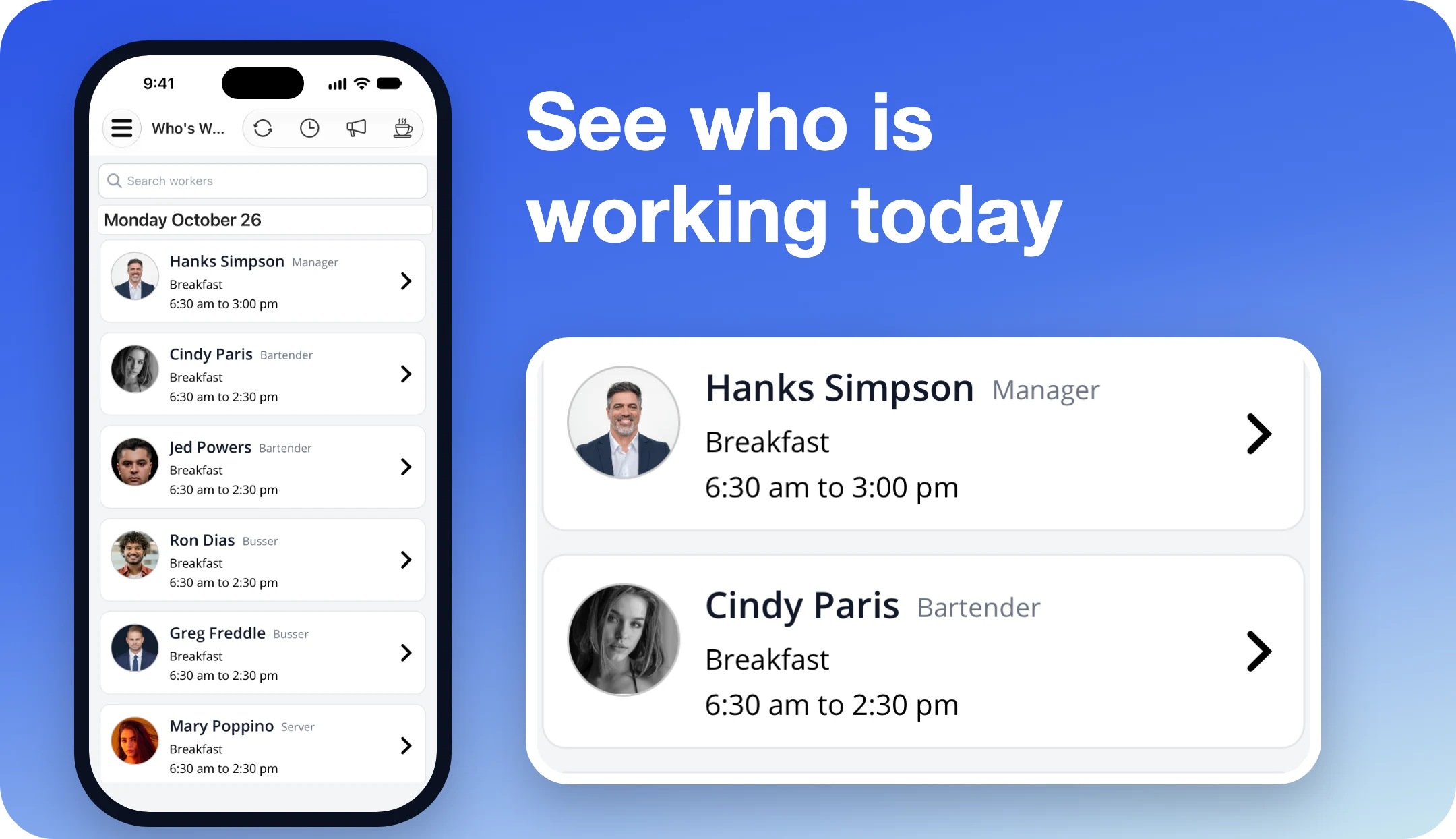 Who's Working shows everyone on today by shift and role